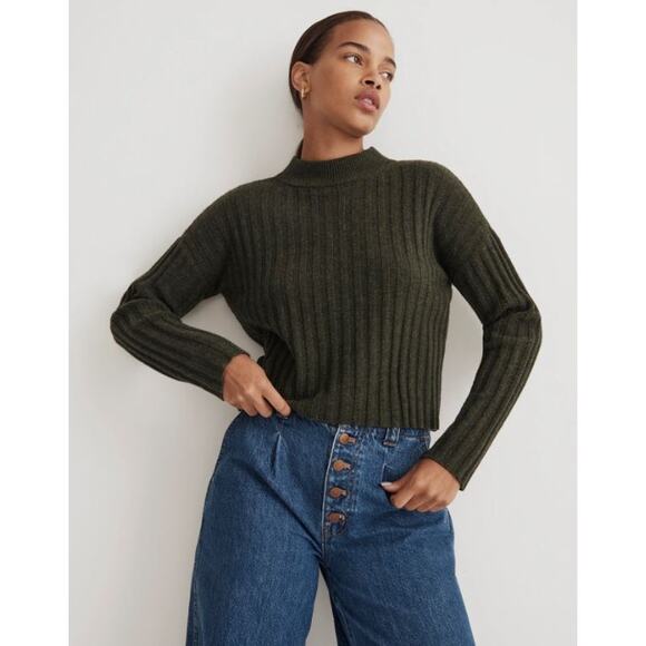 Madewell Mockneck Crop Sweater Women's Sze M Hthr Dark Forest Ribbed Style NM625 - Picture 1 of 8